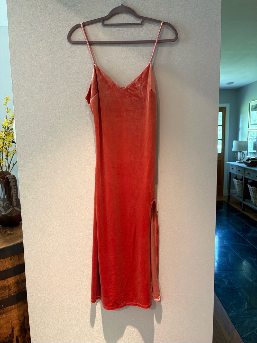 Forever 21 | New Orange/peach midi velvet/velour dress Women’s size M side slit